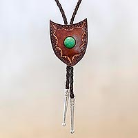 Howlite and leather bolo tie, 'Nature's Shield' - Green Howlite and Leather Bolo Tie from Thailand