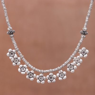 Silver beaded charm necklace, Hill Tribe Garden