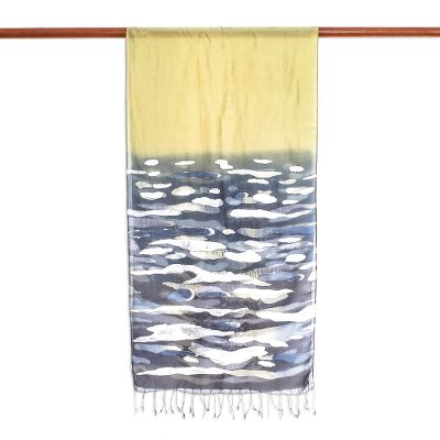 Batik silk scarf, 'Autumn Teak' - Batik Silk Scarf in Gold and Grey from Thailand