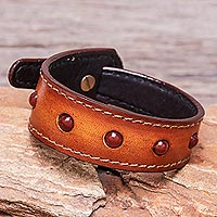 Carnelian and Brown Leather Wristband Bracelet from Thailand,'Fiery Meteor'