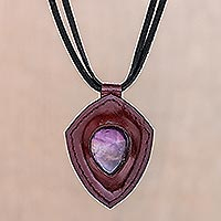 Amethyst and leather pendant necklace, 'Bold Shield' - Amethyst and Leather Pendant Necklace from Thailand