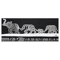'Family' - Signed Black and White Painting of an Elephant Family