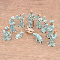 Celadon ceramic nativity scene, 'Nativity of Peace' (11 piece) - Celadon Ceramic Nativity Scene from Thailand (11 Piece)