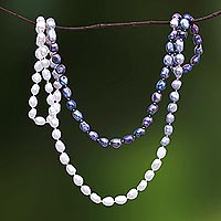Cultured pearl long strand necklace, 'Blissful Woman in Grey' - Cultured Pearl Long Strand Necklace in Grey from Thailand