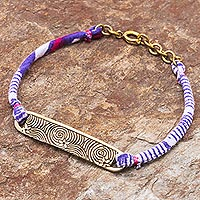 Brass pendant bracelet, 'Bohemian Whirlpools' - Swirl Pattern Brass Pendant Bracelet in Purple from Thailand