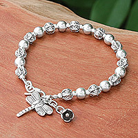 Silver beaded bracelet, 'Flower Dragonfly' - Dragonfly-Themed Silver Beaded Bracelet from Thailand