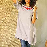Cotton tunic, 'Posy Bliss in Ash' - Floral Cotton Tunic in Ash from Thailand
