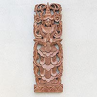 Wood relief panel, 'Angel Greeting' - Angel-Themed Teak Wood Relief Panel from Thailand