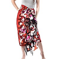 Cotton sarong, 'Crimson Dance' - Hand-Painted Cotton Sarong in Crimson from Thailand