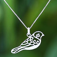 Sterling silver pendant necklace, 'Curling Feathers' - Curl Pattern Sterling Silver Bird Pendant Necklace