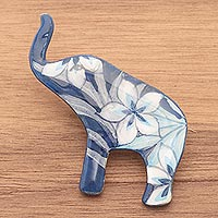 Ceramic brooch pin, 'Blue Floral Elephant' - Hand Painted Blue Elephant Brooch Pin with Flowers