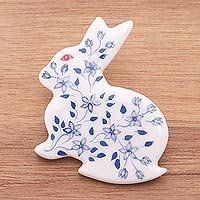 Ceramic brooch pin, 'Blue and White Floral Rabbit' - Bunny Rabbit Brooch Pin with Hand Painted Flowers
