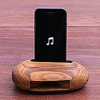 Teak wood phone speaker, 'Rock Out' - Egg-Shaped Teak Wood Phone Speaker from Thailand