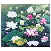 'Lotus at Dawn' (2019) - Realist Painting of Pink and White Lotus Flowers (2019)