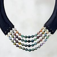 Agate beaded necklace, 'Mossy Mood' - Agate and Leather Beaded Necklace from Thailand