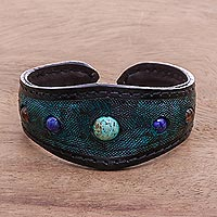 Multi-gemstone leather cuff bracelet, 'Orb Love in Green' - Multi-Gemstone Leather Cuff Bracelet in Green from Thailand