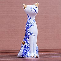 Gilded porcelain vase, 'Regal Cat' - Floral Gilded Porcelain Cat Vase from Thailand