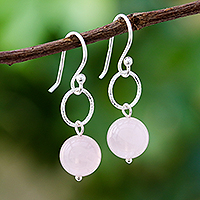 Rose quartz dangle earrings, 'Ring Shimmer' - Round Rose Quartz Dangle Earrings Crafted in Thailand