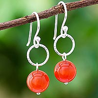 Carnelian dangle earrings, 'Ring Shimmer' - Round Carnelian Dangle Earrings Crafted in Thailand