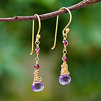 Gold plated amethyst and garnet dangle earrings, 'Lavender Bliss' - Gold Plated Amethyst and Garnet Dangle Earrings