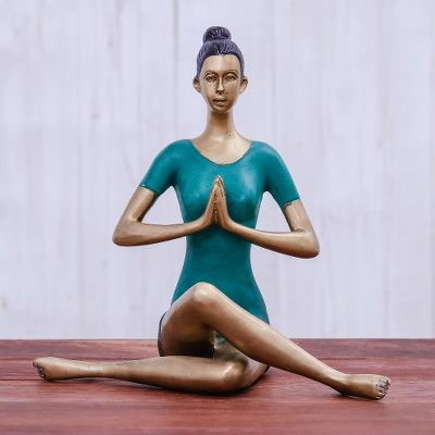 Brass sculpture, 'Sukhasana Pose in Green' - Patina Brass Sukhasana Pose Yoga Sculpture from Thailand