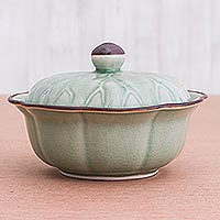 Covered celadon ceramic bowl, 'Bai Bua' - Genuine Celadon Ceramic Lidded Bowl from Thailand
