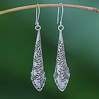 Silver dangle earrings, 'Dewy Garden' - Floral Pattern Karen Silver Dangle Earrings from Thailand