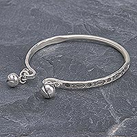 Sterling silver cuff bracelet, 'Song of the River' - Sterling Cuff Bracelet with Thai Karen Hill Tribe Bells