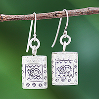 Silver dangle earrings, 'Honored Elephant' - Karen Hill Tribe Silver Elephant Motif Block Dangle Earrings