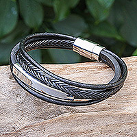 Leather strand bracelet, 'Mighty Strength in Black' - Leather Strand Bracelet in Black from Thailand