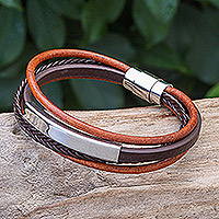 Leather strand bracelet, 'Mighty Strength in Brown' - Leather Strand Bracelet in Brown from Thailand