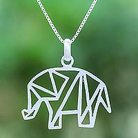 Sterling silver pendant necklace, 'Mother of the Forest' - Geometric Sterling Silver Elephant Necklace from Thailand