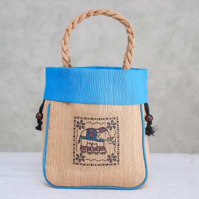 Cotton tote bag, 'Elephant Caper in Blue' - 100% Cotton Tan and Blue Elephant Motif Cinch-Top Tote Bag