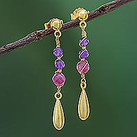 Gold plated amethyst and tourmaline dangle earrings, 'Aria' - Gold Plated Tourmaline and Amethyst Dangle Earrings