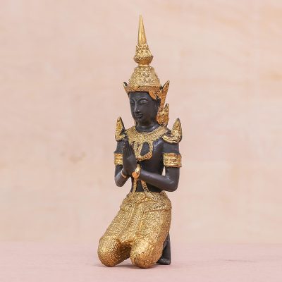 Brass sculpture, 'Golden Angel Greeting' - Thai Brass Sculpture of a Kneeling Buddhist Angel