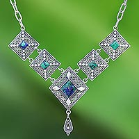 Azure-malachite pendant necklace, 'Silver Diamonds' - Diamond Shapes Sterling Silver and Azure-Malachite Necklace