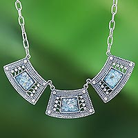 Roman glass pendant necklace, 'Ancient Sky' - Handcrafted Thai Sterling Silver and Roman Glass Necklace