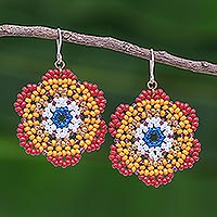 Beaded dangle earrings, 'Lanna Bloom in Red and Orange' - Red and Orange Beaded Flower Dangle Earrings