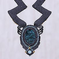 Macrame statement necklace, 'Mystic Sea' - Macrame Statement Pendant Necklace from Thailand