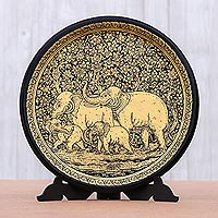 Lacquered wood decorative plate, 'Chiang Mai Elephants' - Handcrafted Thai Lacquered Wood Plate with Elephants