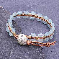 Quartz beaded wristband bracelet, 'Pa Sak Waters' - Cool, Blue Quartz and Leather Wristband Bracelet