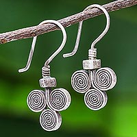 Silver drop earrings, 'Kariang Curls' - Oxidized 950 Silver Spiral Drop Earrings