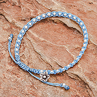 Silver beaded bracelet, 'Flower Path in Sky Blue' - Sky Blue Cord Bracelet with 950 Silver Beads