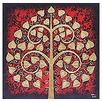 'Red Sacred Tree' - Signed Thai Bodhi Tree Painting in Red with Golden Foil