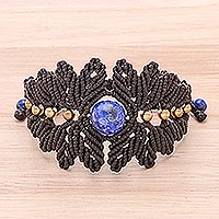 Lapis lazuli macrame bracelet, 'Bohemian Flower' - Lapis and Brass Beaded Macrame Bracelet