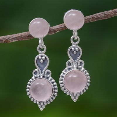 Rose quartz dangle earrings, 'Moon at Dawn' - Thai Rose Quartz and Sterling Silver Dangle Earrings
