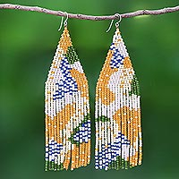 Beaded waterfall earrings, 'Amazing Waterfall in Orange' - Hand Beaded Long Waterfall Style Earrings