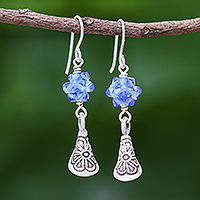 Silver dangle earrings, 'Karen Sparkle in Azure' - Stamped Hill Tribe Silver Earrings with Blue Beads