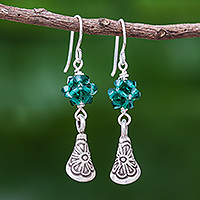Silver dangle earrings, 'Karen Sparkle in Emerald' - Emerald Green Beaded 950 Silver Earrings