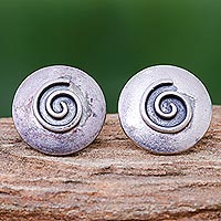 Silver button earrings, 'Lanna Spiral' - 950 Silver Spiral Motif Button Earrings